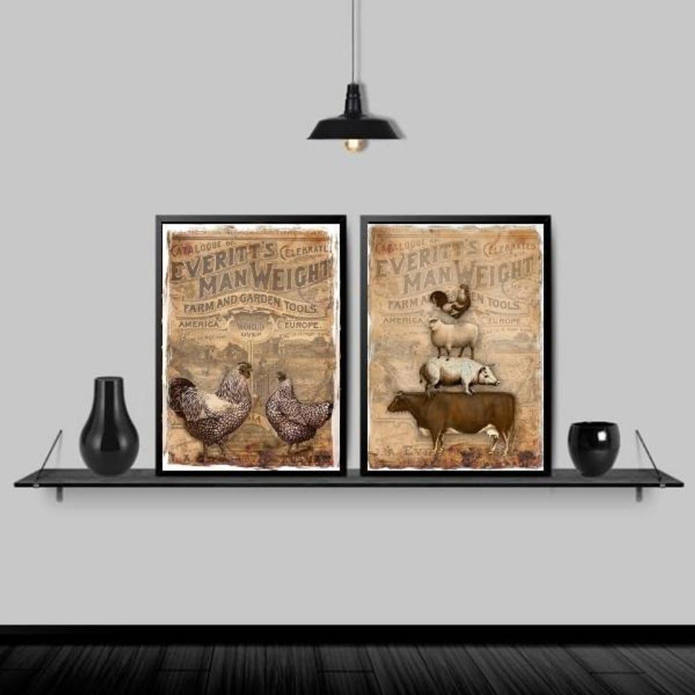 Kit 2 Quadros Country Animais Fazenda Retrô 33X24Cm Preta