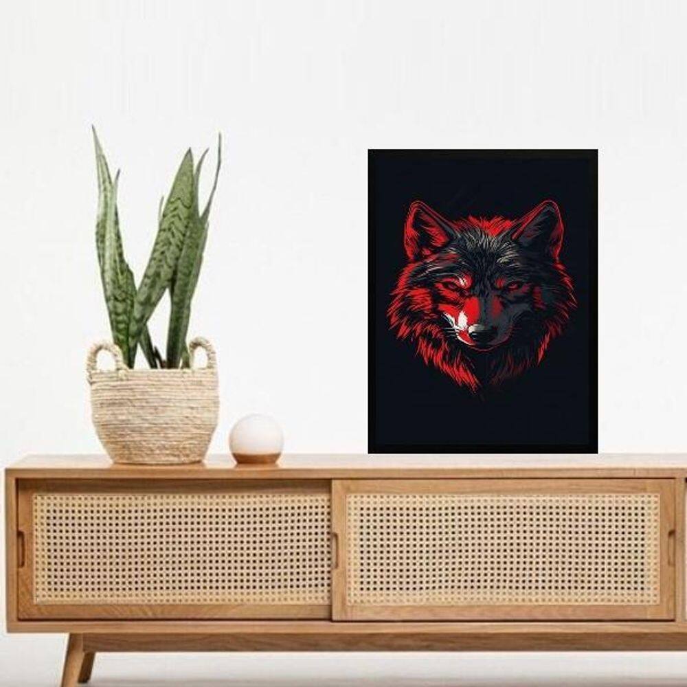 Quadro Decorativo Lobo Preto E Vermelho 33X24Cm