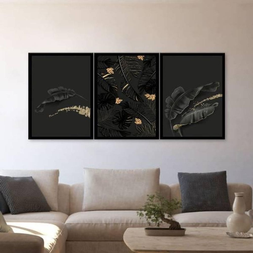 Kit 03 Quadros Decorativos Folhas Pretas 45x34Cm