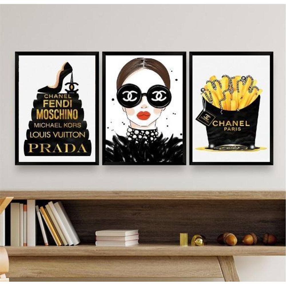 Kit 3 Quadros Fashion Mulher Livros 45x34cm - Madeira Preta