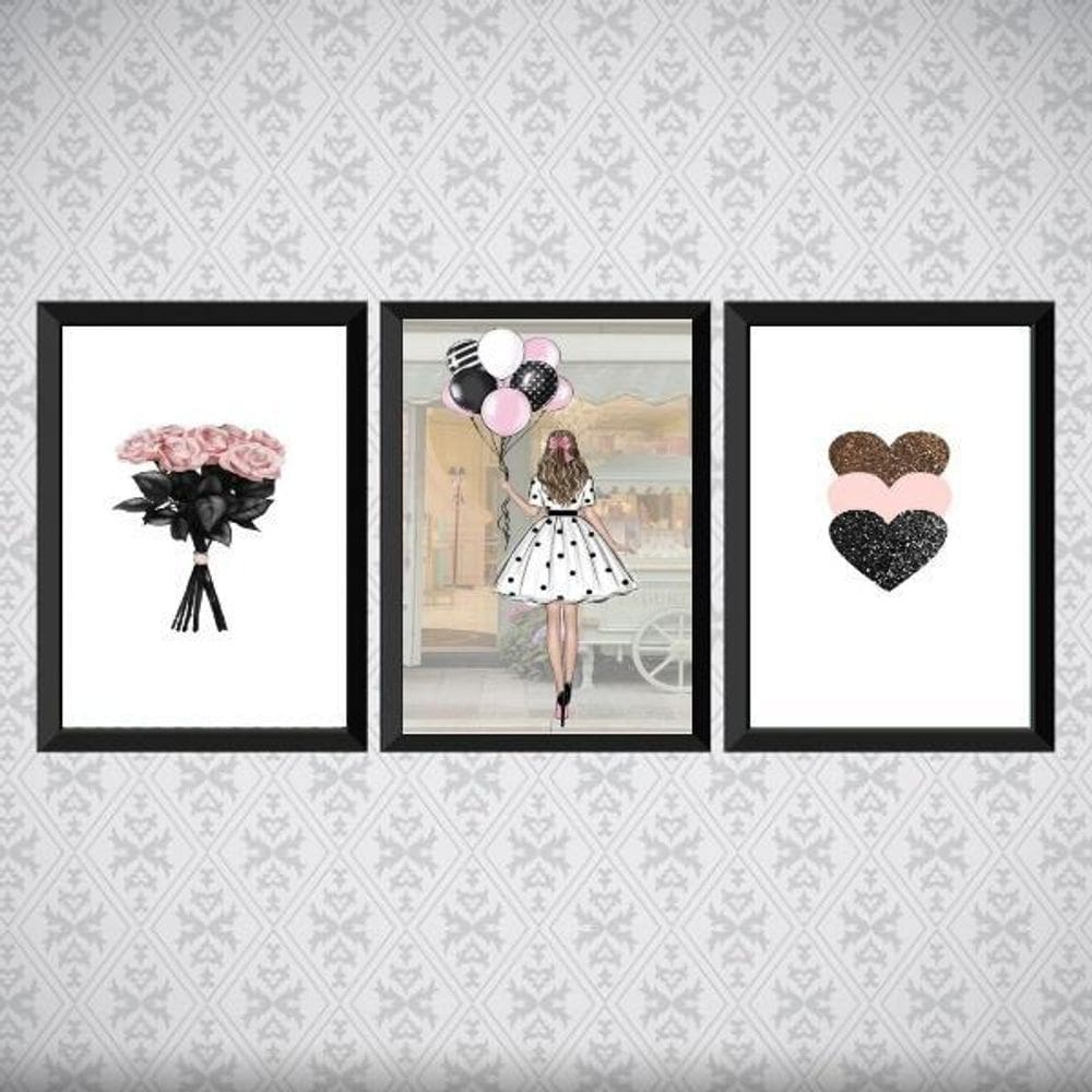 Kit 3 Quadros Fashion Flores Corações 33X24 Moldura Preta