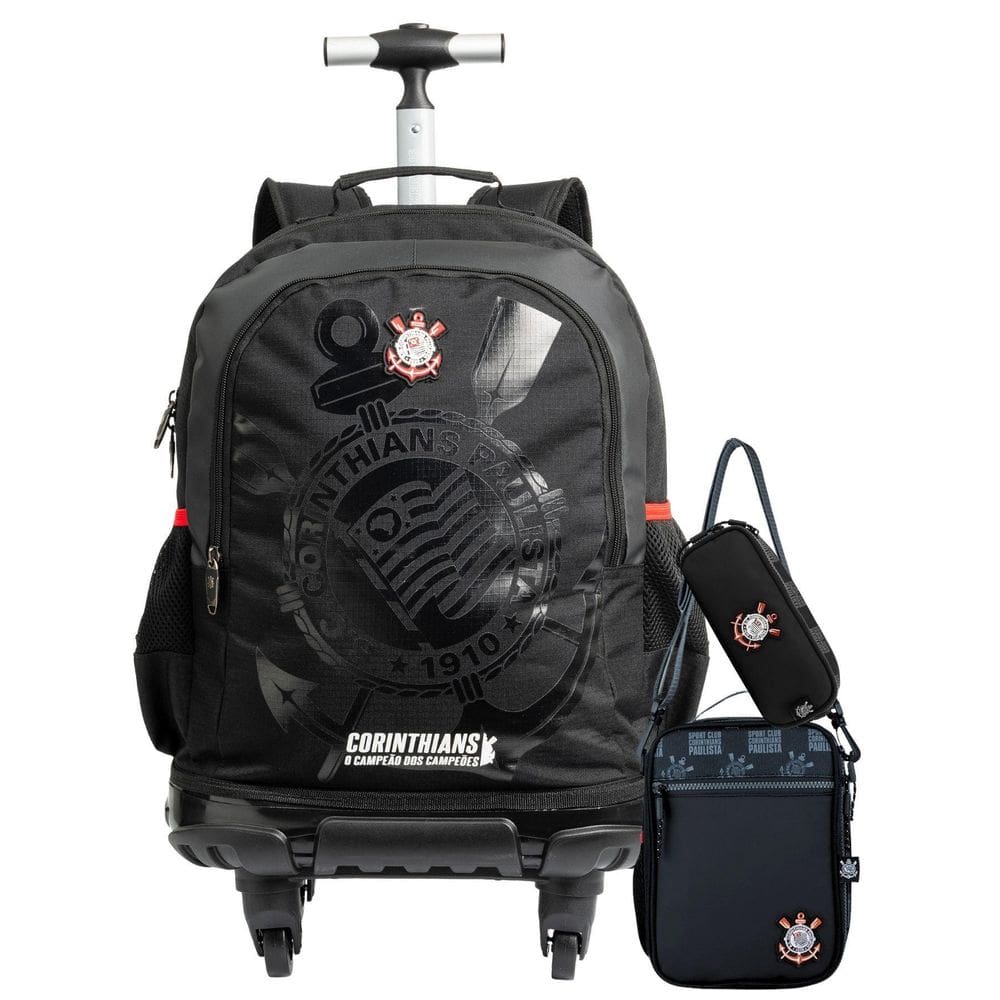 Kit Corinthians Mochila De Rodas + Lancheira + Estojo Duplo
