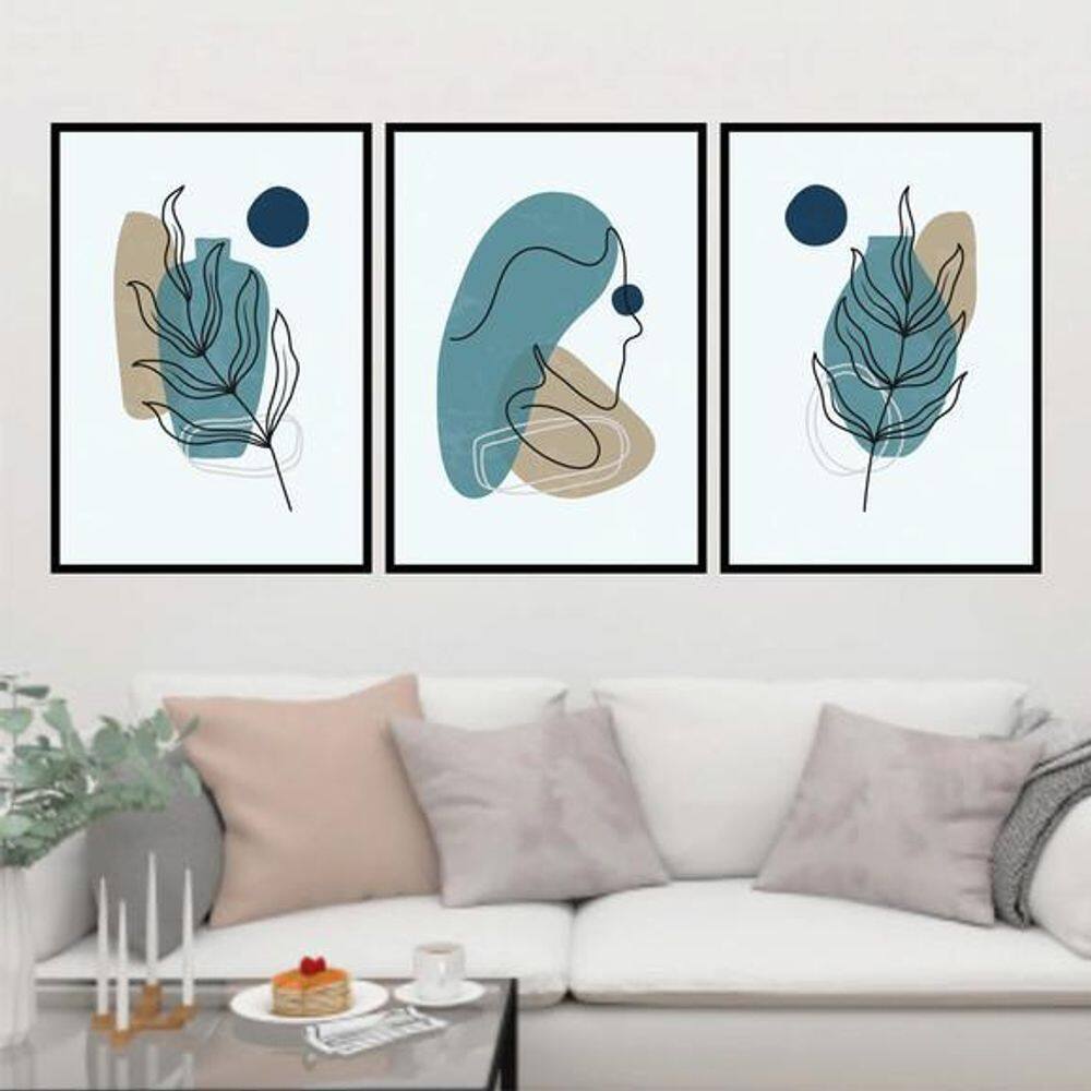 Kit 3 Quadros Florais Boho Azul 24X18Cm Preto