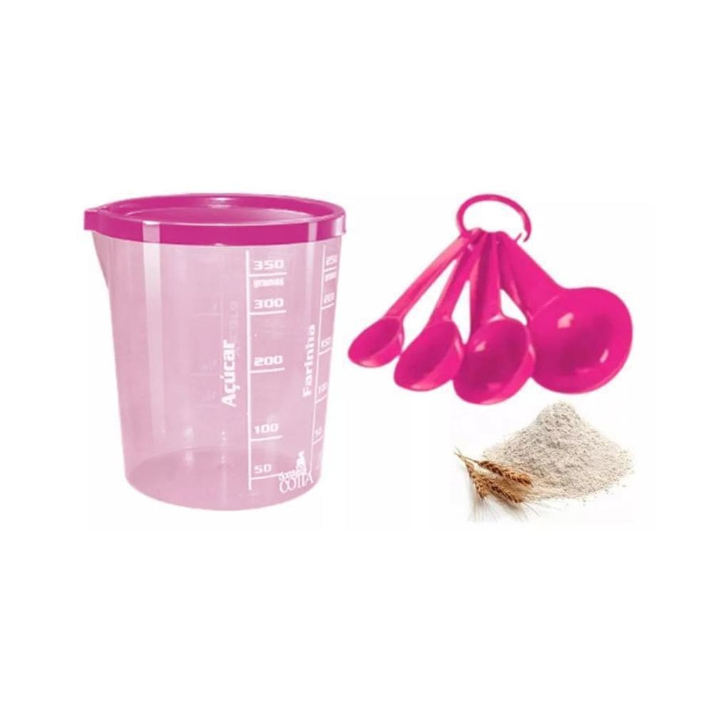 Copo Medidor Com Tampa E Colher Medidora Rosa