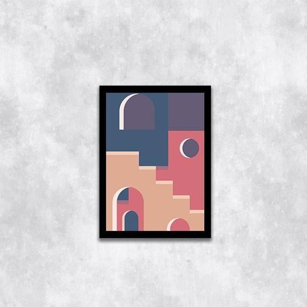 Quadro Abstrato Cidade Rosa E Azul Iii 45X34 Com Vidro Preta