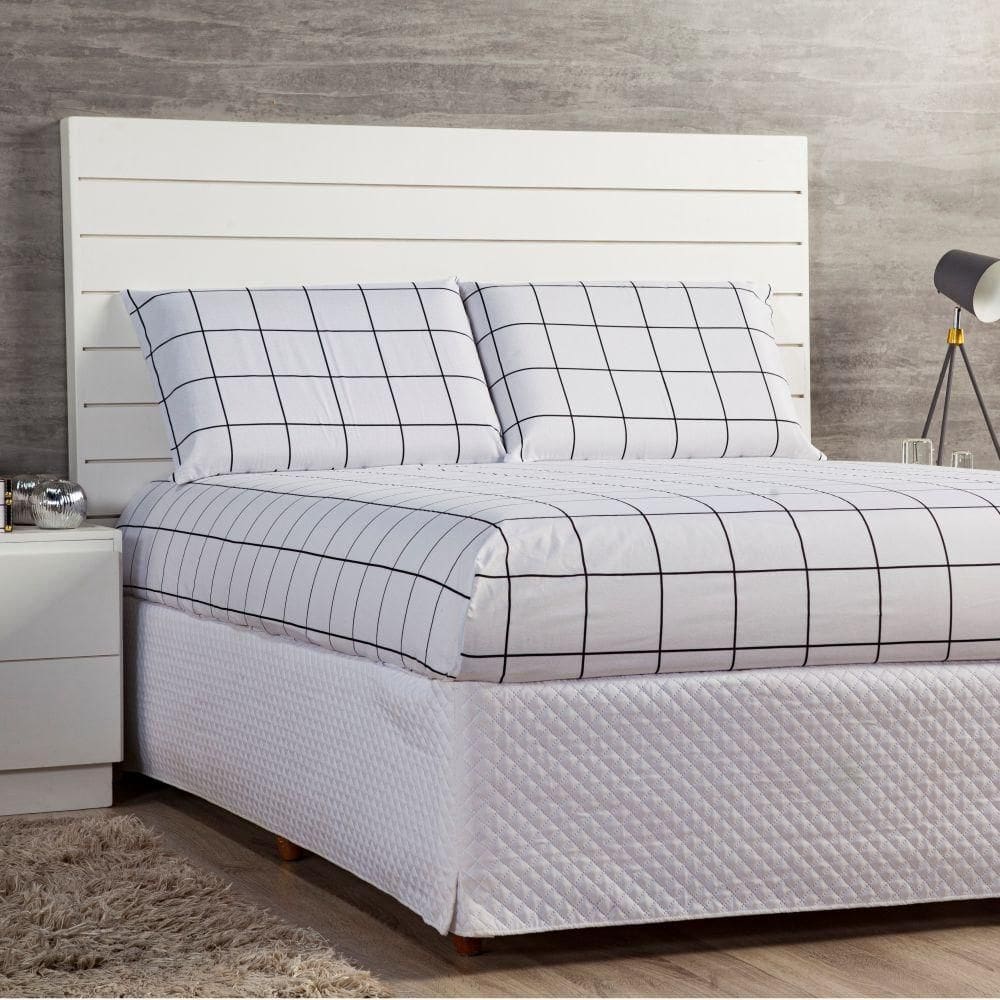 Jogo De Lençol Queen Styll 3 Peças Quadriculado Branco