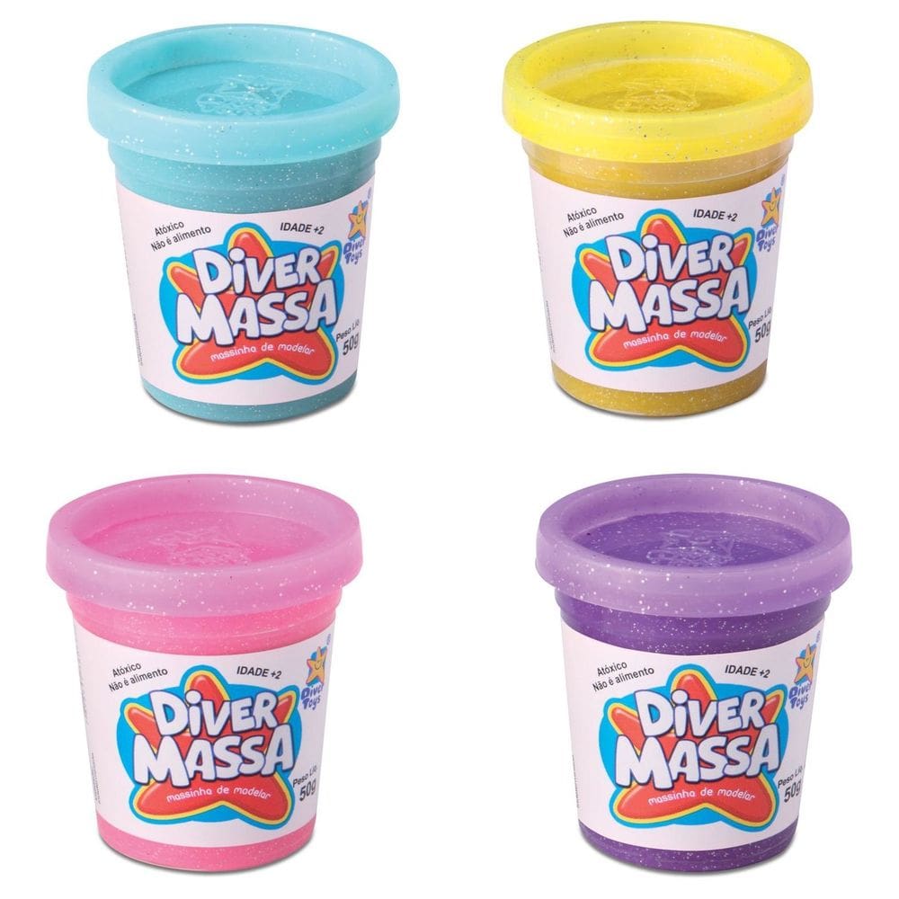 Kit de Potes de Massinha Com Gliter - 4 unidades - Divertoys