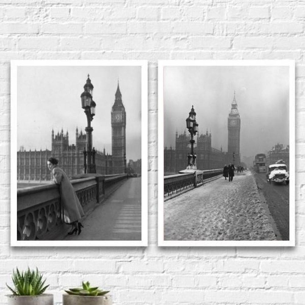 Kit 2 Quadros Foto Antigas Londres 24X18Cm Vidro - Branca