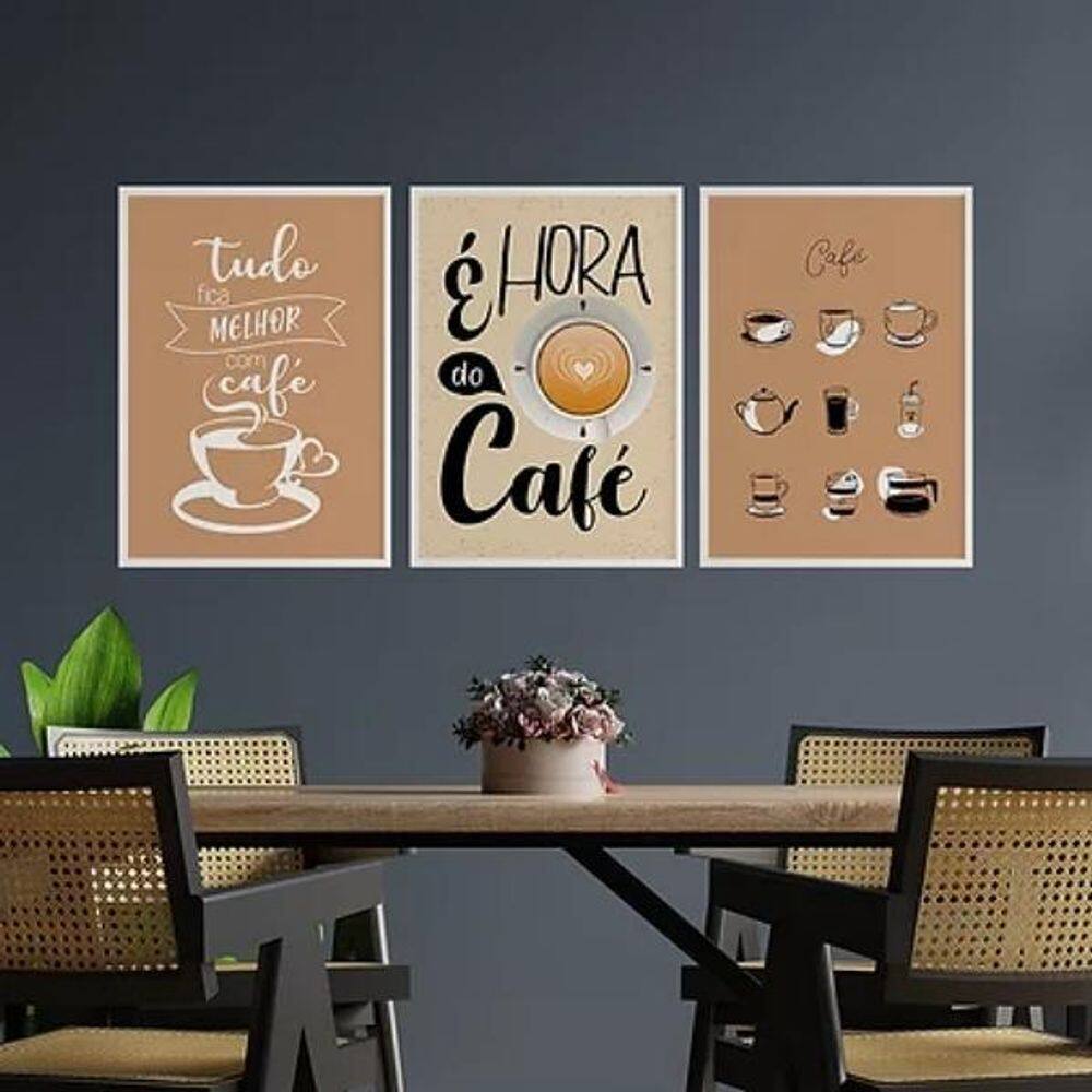 Quadros É Hora Café Moldura Branca Com Vidro 33X24Cm 3 Peças
