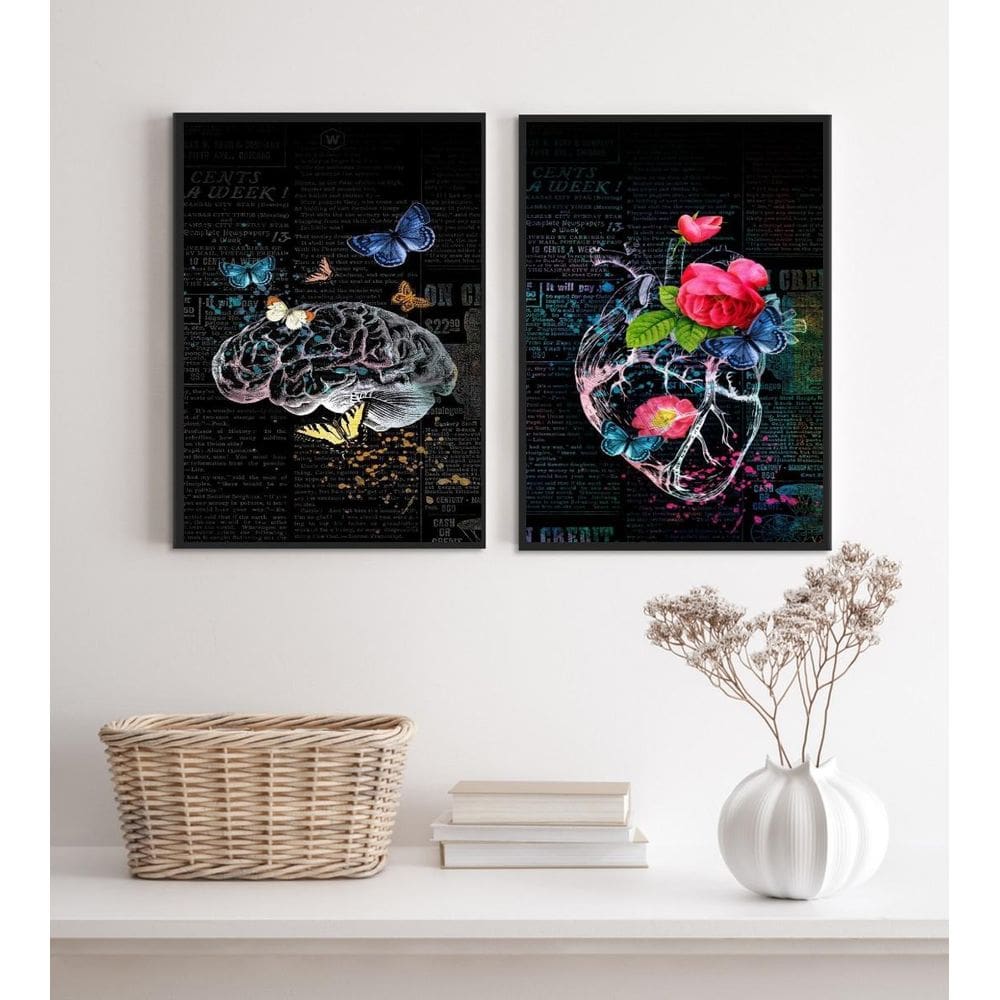 Kit 2 Quadros Cérebro Coração- Flores E Borboletas 45X34Cm