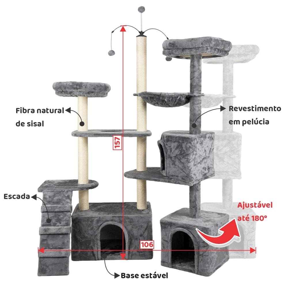 Arranhador de gato grande, luxuoso, ajustável, multifuncional com casas, camas, cesto, poleiros e brinquedo giratório