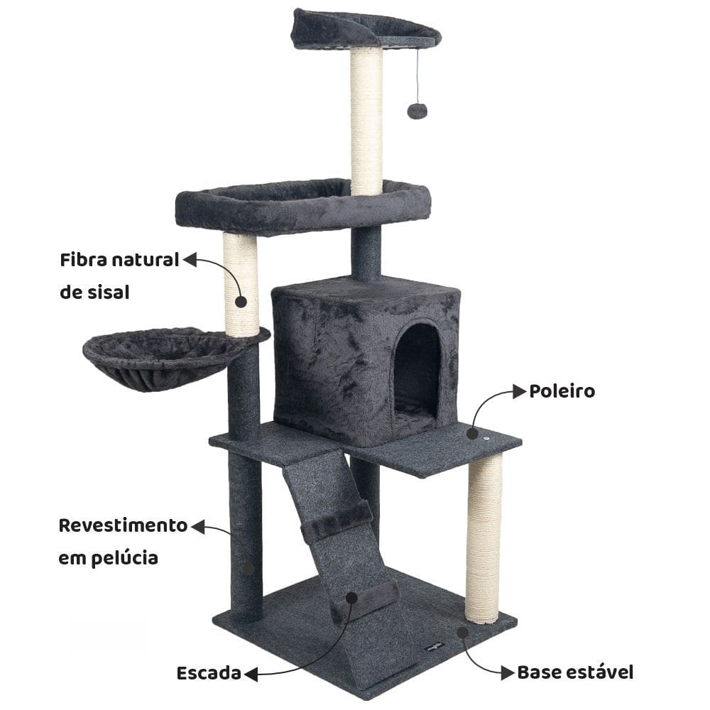 Arranhador de gato luxuoso, multifuncional com casa, camas, cesto, poleiros e brinquedo