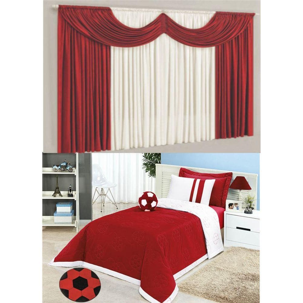 Kit Quarto Menino Sports Cortina + Cobre Leito + Vermelho