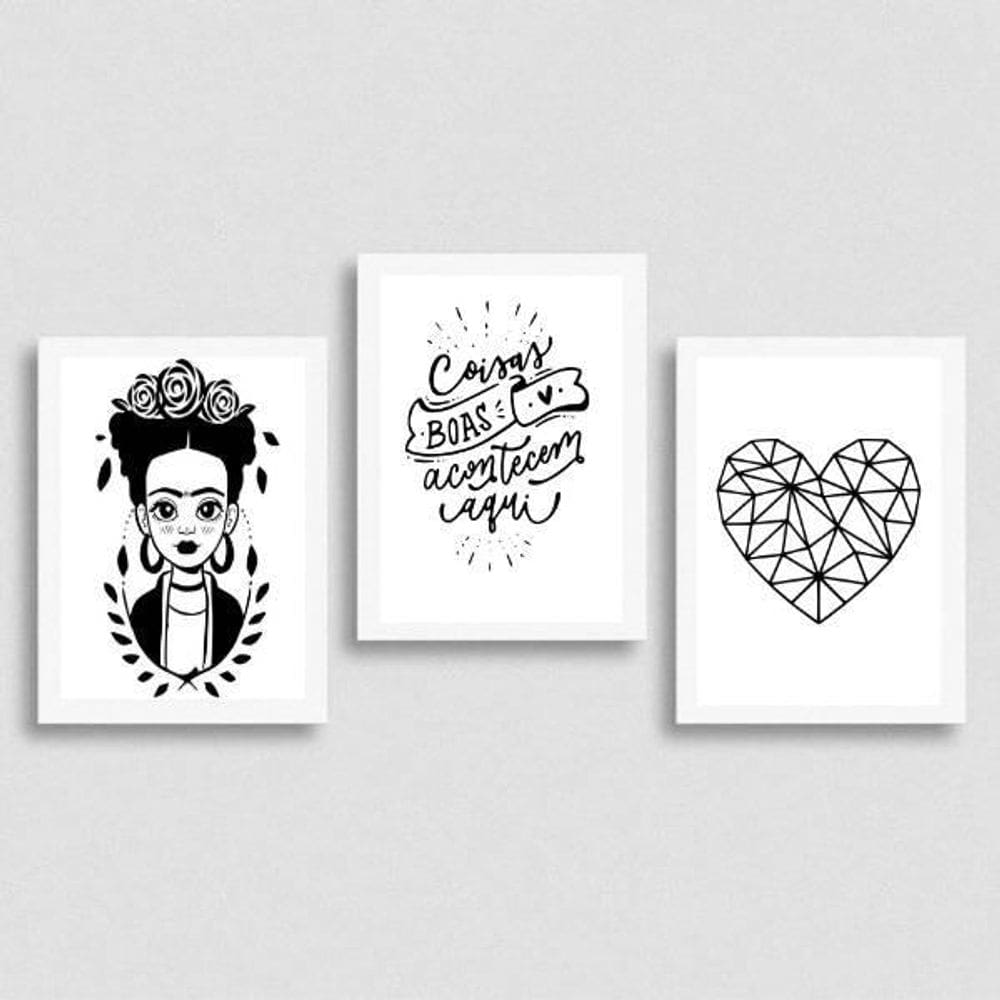 Kit 3 Quadros Coisas Boas Acontecem Aqui 45X34Cm Branca