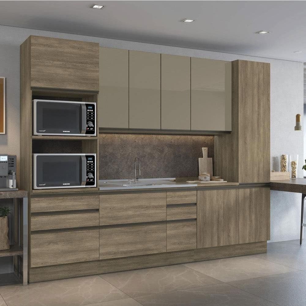 Cozinha Modulada Completa 7 Peças com Tampo Kappesberg Maxxi, Nogal e Bronze 300 cm