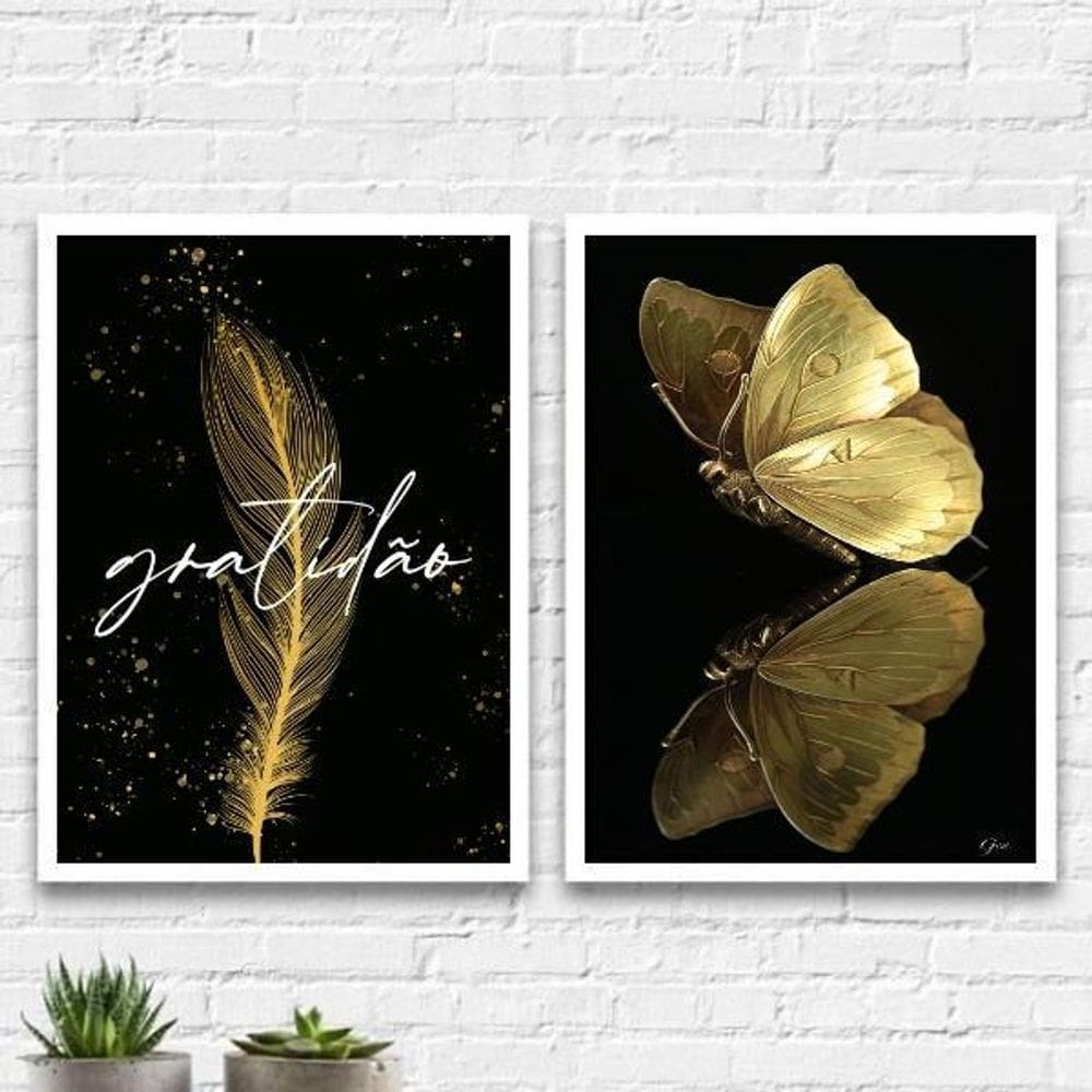 Kit 2 Quadros Gratidão Borboleta Gold 33X24Cm Vidro - Branca