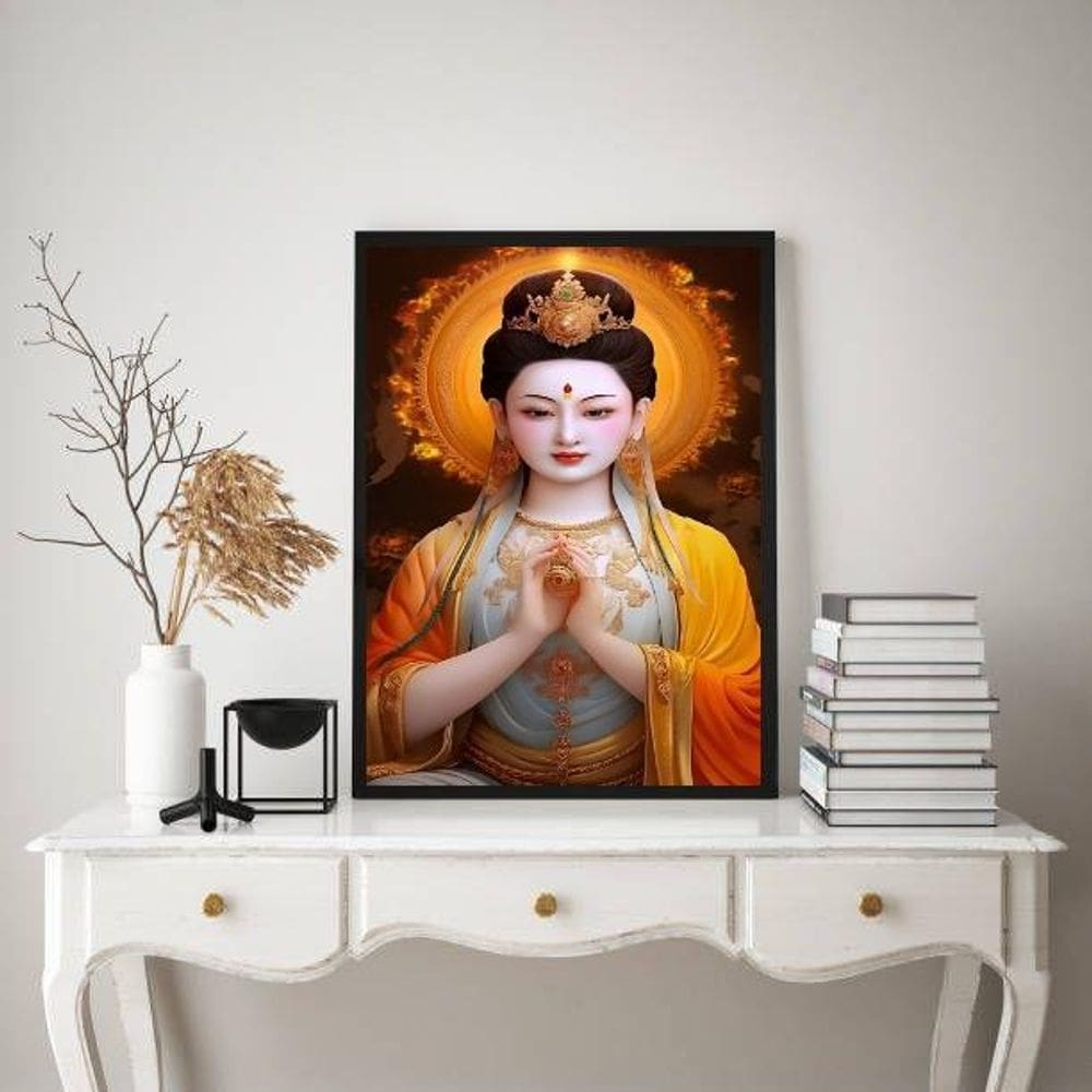 Quadro deusa chinesa kuan yin 45x34cm - vidro, madeira preta