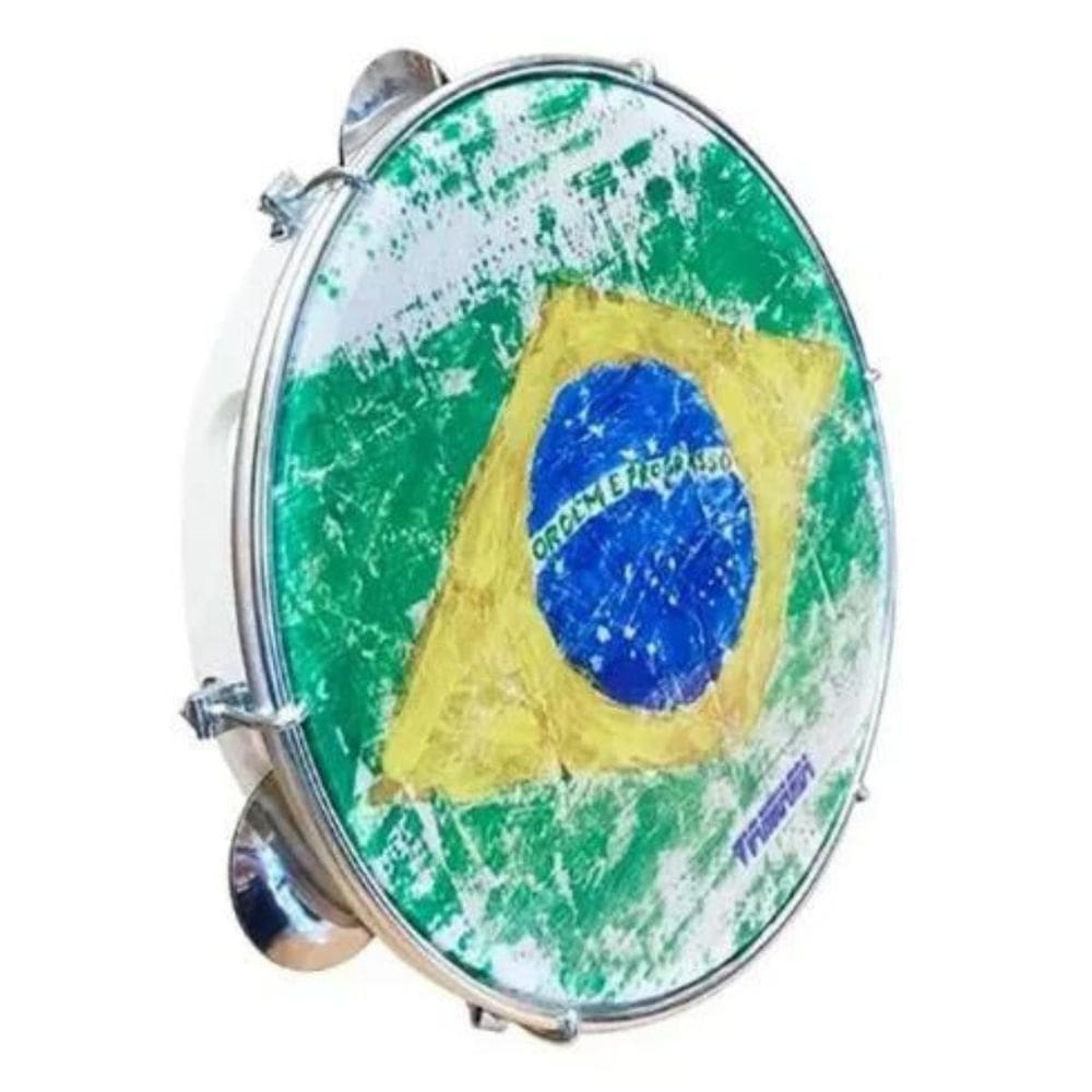 Pandeiro 10 Abs Branco Pele Bandeira Brasil Rajada Spanking