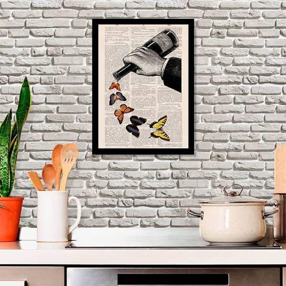 Quadro Decorativo Garrafa Vinho Borboletas Moldura Preta