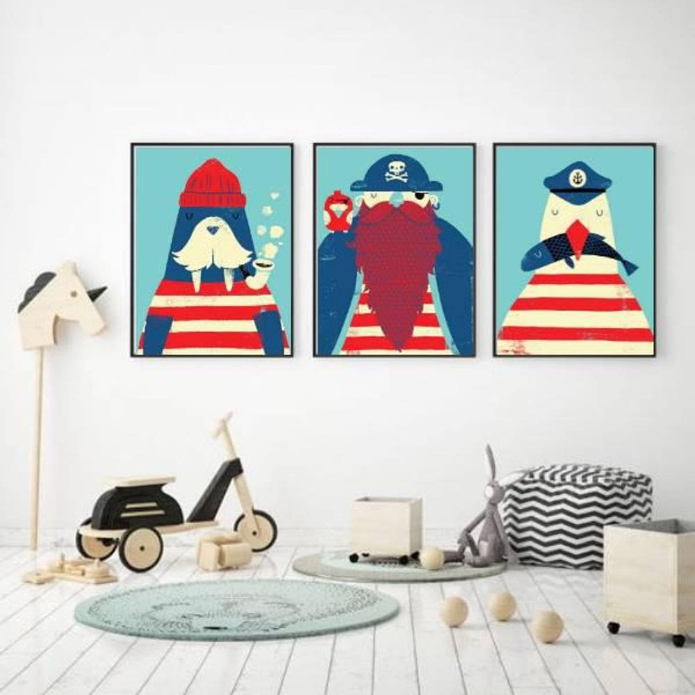 Kit Quadro Decorativo Infantis Marinheiros 45X34Cm 3 Peças