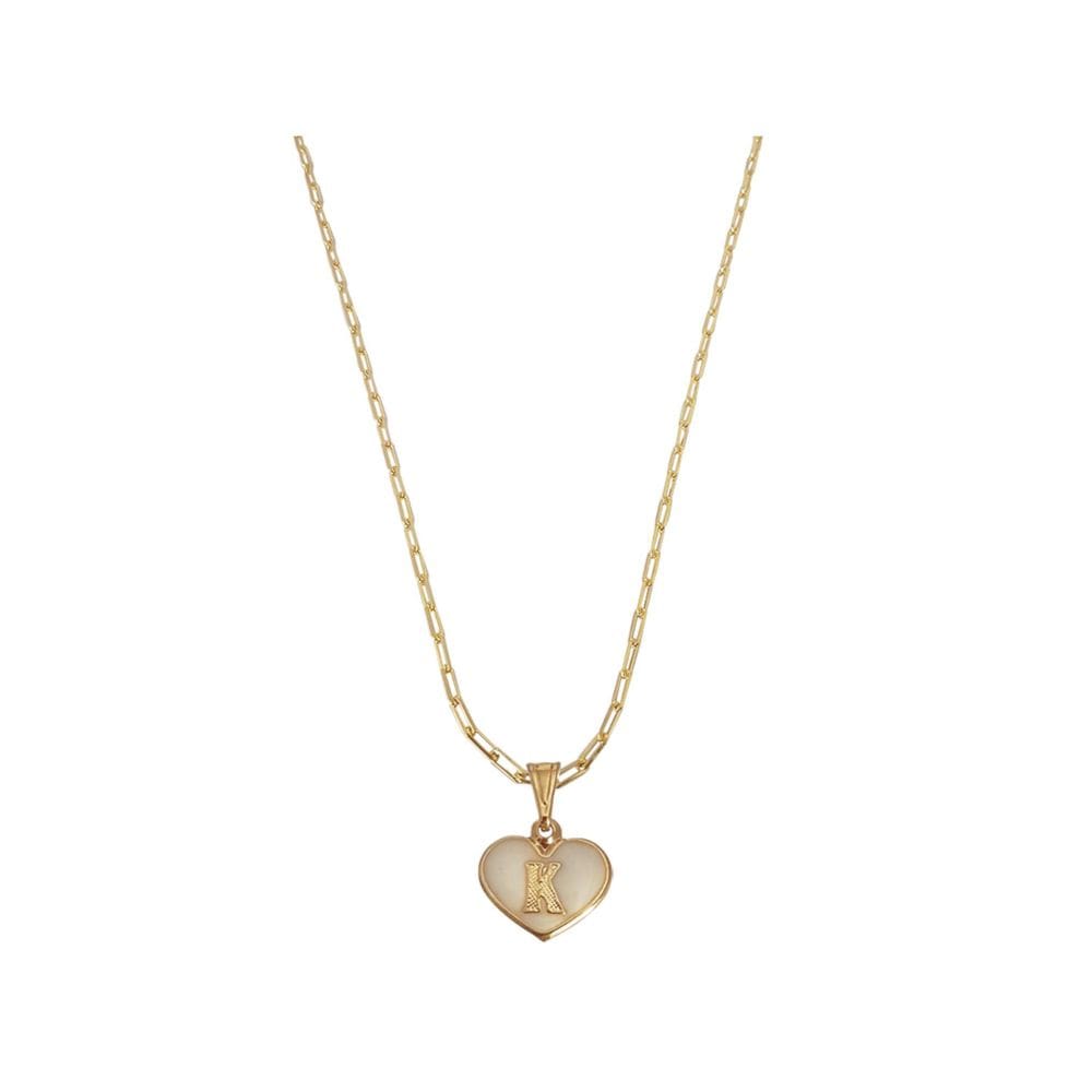 Colar Cartier 50Cm Coração Branco Letra K Banhado Ouro 18K