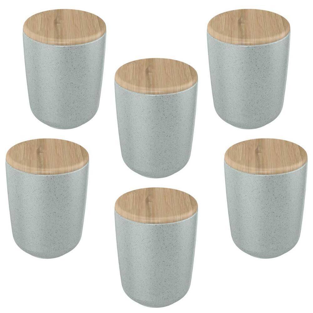 6X Porta Algodão Cotonete Ou Ceramica Cinza Com Tampa Bambu