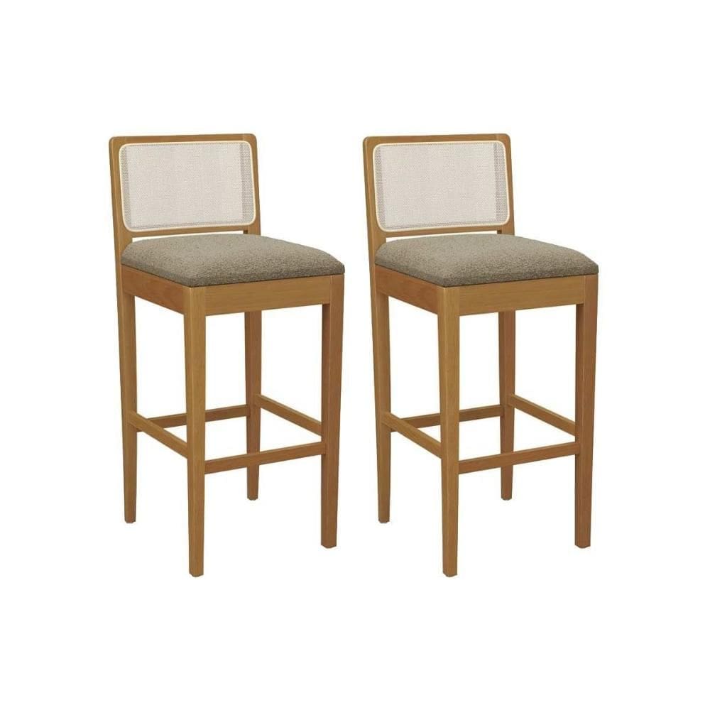 Banqueta Cozinha Sara 1BMM005CA Premium Madeira Maciça Kit 2 Un Carvalho/Boucle Bege Fendi/Tela Bege - Kappesberg