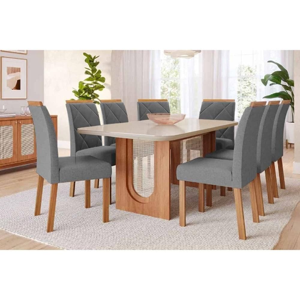 Conjunto: Mesa Sala Jantar Valentina Tampo Madeirado c/ Vidro 210x100cm e 8 Cadeiras Fernanda Cinamomo/Off White - Carvalho/Linho Grafite Cimol