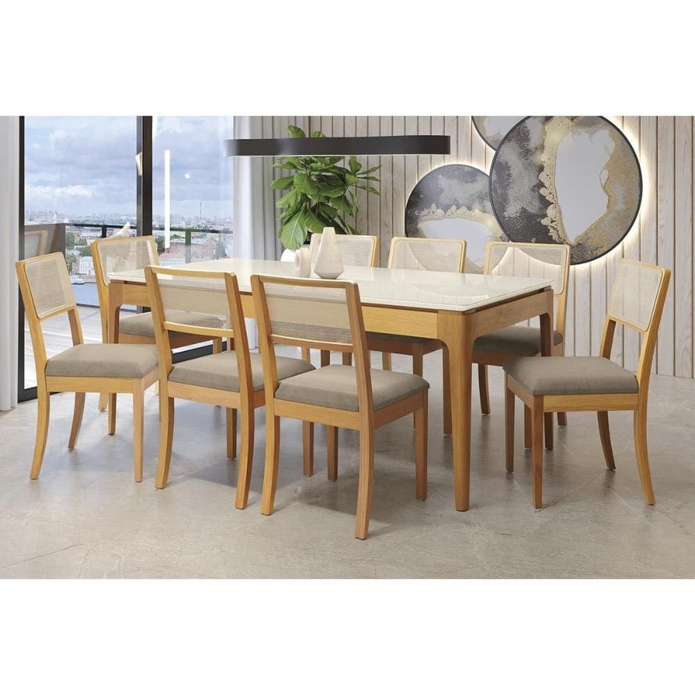 Sala Jantar Mesa Mira Premium Madeira Maciça c/ Tampo Madeirado c/ Vidro 200x100cm e 8 Cadeiras Lola Carvalho/Off White - Boucle Bege Fendi-Kappesberg