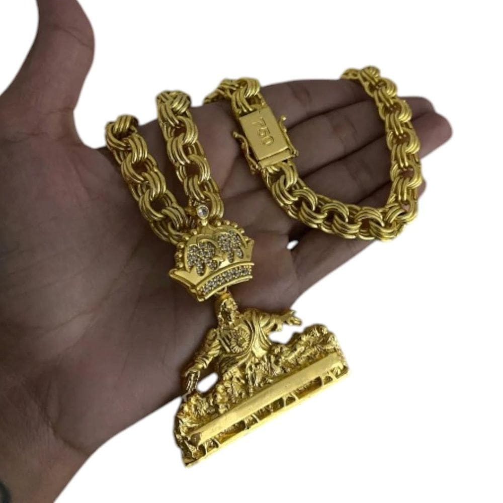 Cordão Friso 12Mm + Pingente Santa Ceia - Banhado A Ouro