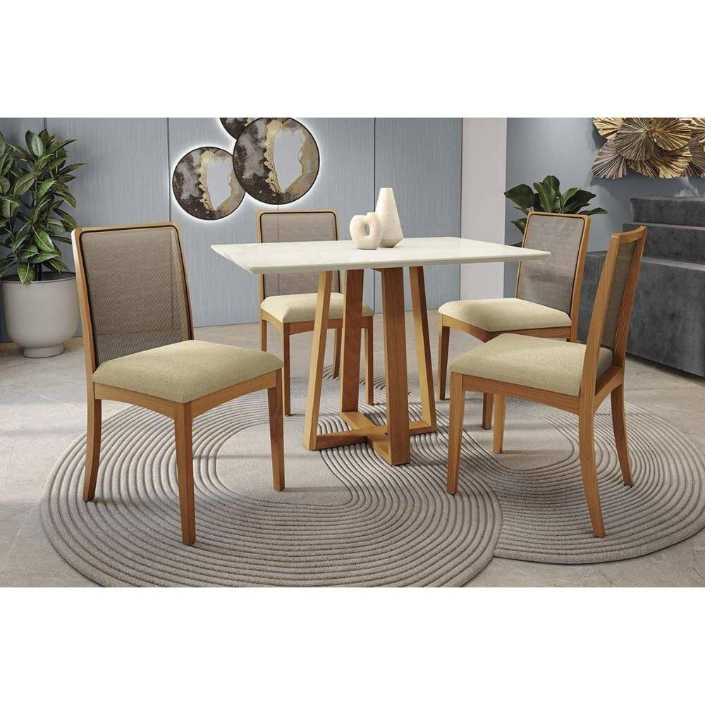 Sala Jantar Mesa Elma Premium Madeira Maciça c/ Tampo Madeirado c/ Vidro 120x80cm e 4 Cadeiras Lara Carvalho/Off White - Boucle Bege - Kappesberg