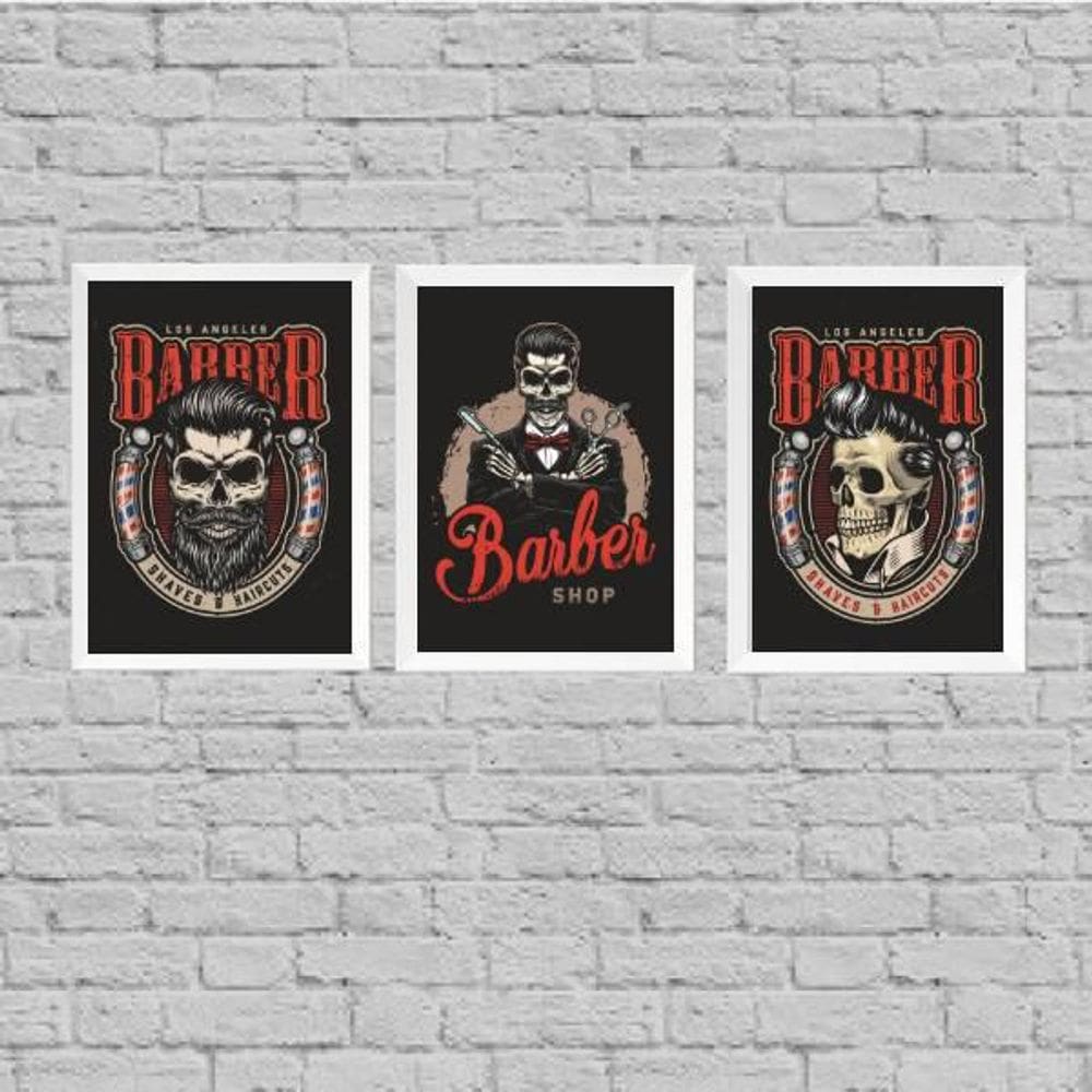 Kit 3 Quadros Decorativos Barber Shop Skull 45X34Cm