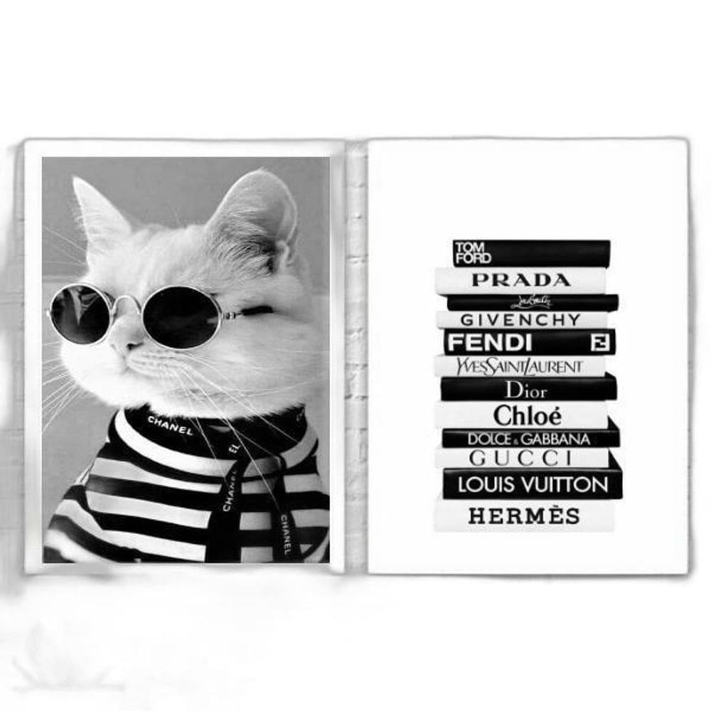 Kit 2 Quadros Fashion Gatinho Livros Moda 33X24Cm