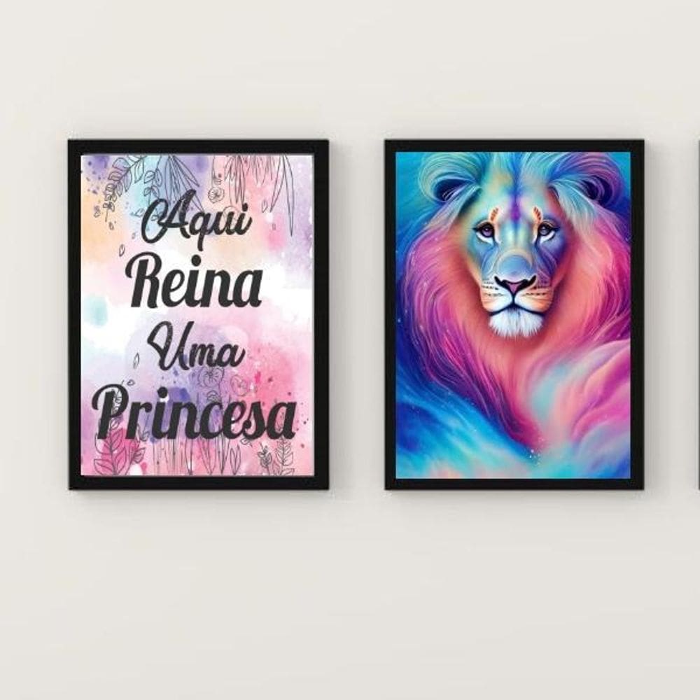 Kit 2 Quadros Leão Galáxia Princesa 24x18cm Moldura Branca
