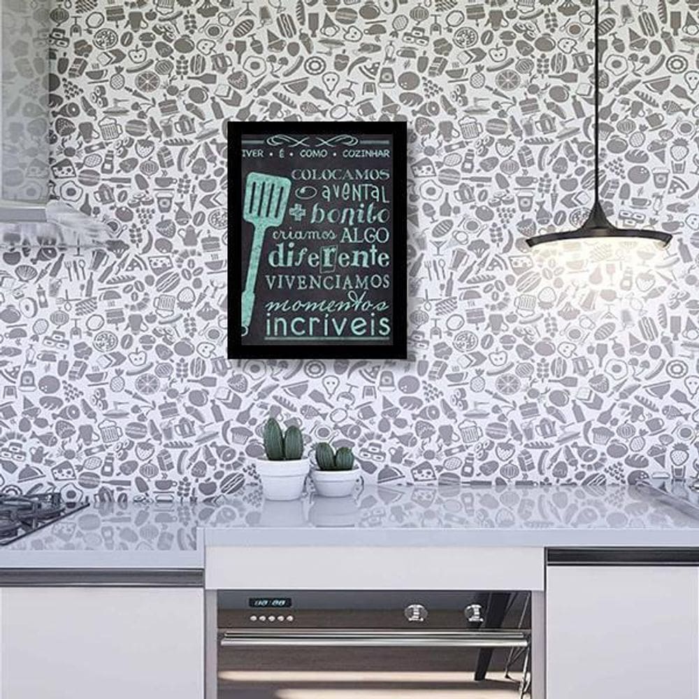 Quadro Momentos Incríveis Na Cozinha 24X18 Com Vidro Preta