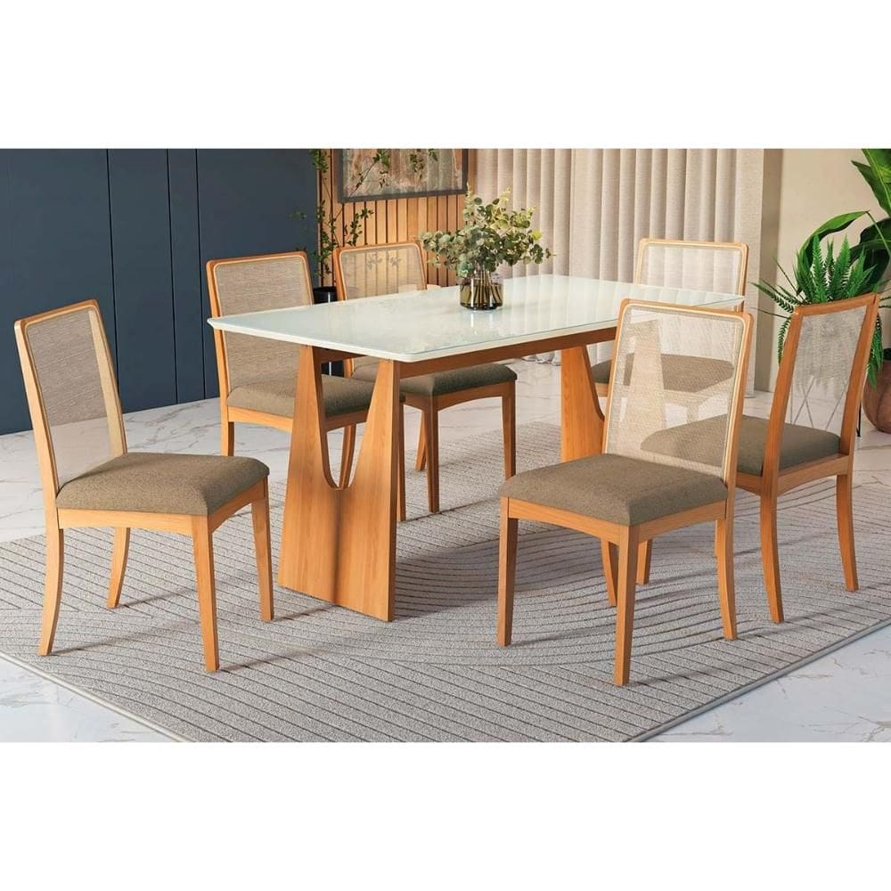 Conjunto Mesa Mila Premium Madeira Maciça c/ Tampo Madeirado c/ Vidro 160x90cm e 6 Cadeiras Lara Carvalho/Off White - Boucle Bege Fendi Kappesberg