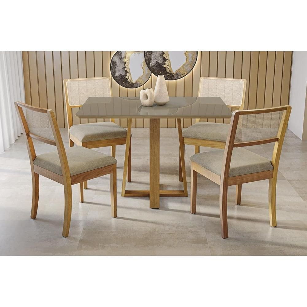 Conjunto Mesa Elma Premium Madeira Maciça c/ Tampo Madeirado c/ Vidro 120x80cm e 4 Cadeiras Lola Carvalho/Freijo Bronze - Boucle Bege Fendi Kappesberg