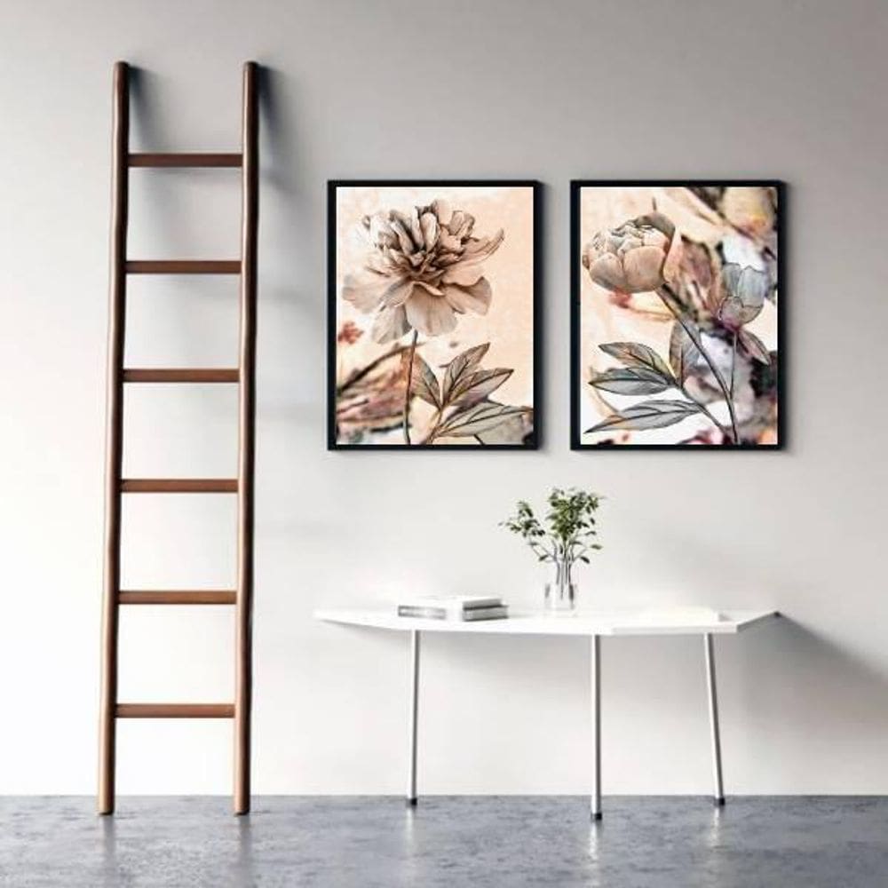 Kit 2 Quadros Florais Modernos 24X18 Com Vidro Madeira Preta
