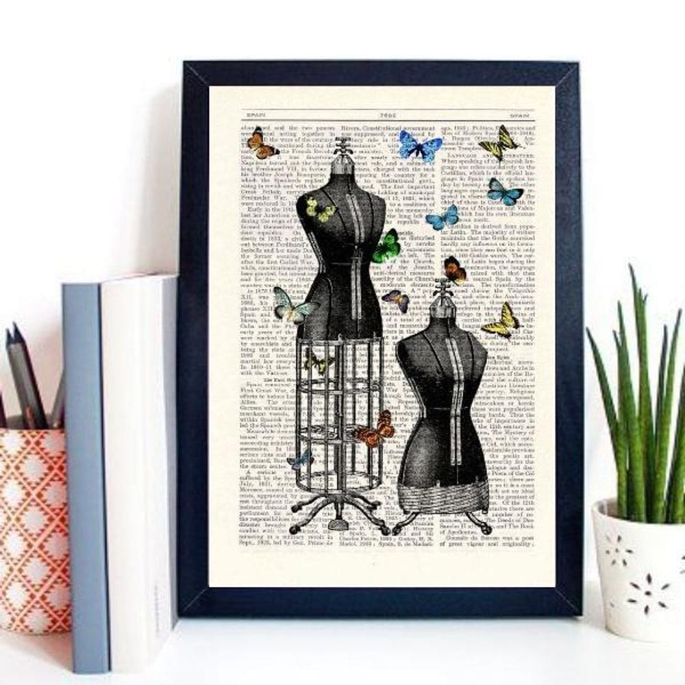 Quadro Vintage Manequins Costura Borboletas 24X18Cm