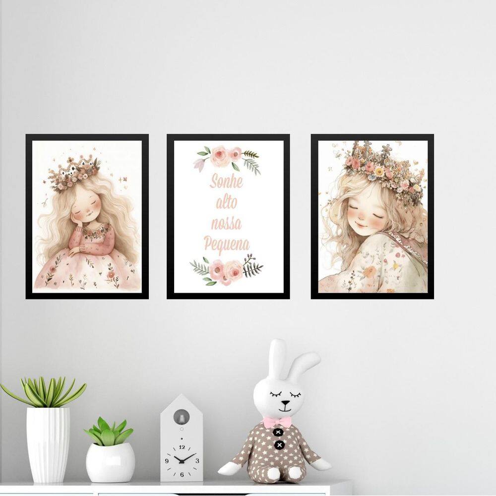 Kit 3 Quadros Infantis Princesa - Sonhe Alto 45X34Cm - Vidro