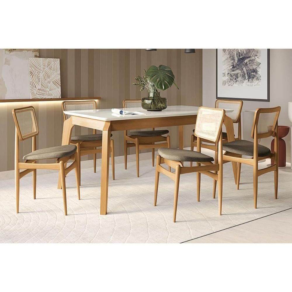 Mesa Cozinha Petra Premium Madeira Maciça c/ Tampo Madeirado c/ Vidro 160x90cm e 6 Cadeiras Stela Carvalho/Off White - Boucle Bege Fendi-Kappesberg