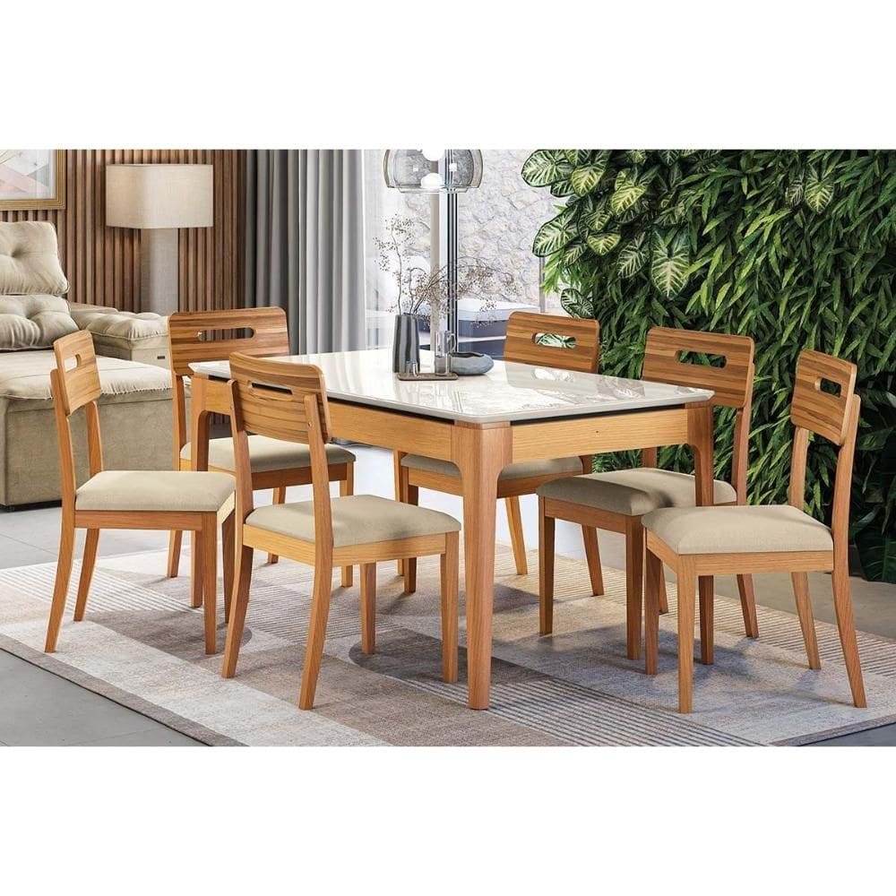 Conjunto Mesa Mira Premium Madeira Maciça c/ Tampo Madeirado c/ Vidro 160x90cm e 6 Cadeiras Lila Carvalho/Off White - Linho Bege Argila Kappesberg