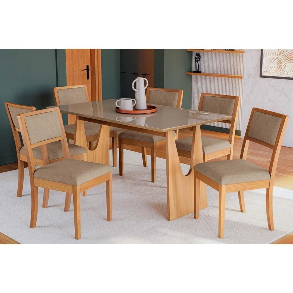 Conjunto Mesa Mila Premium Madeira Maciça c/ Tampo Madeirado c/ Vidro 160x90cm e 6 Cadeiras Alice Carvalho/Freijo Bronze - Boucle Bege Fendi Kappesber