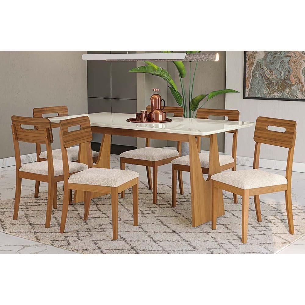 Mesa Cozinha Mila Premium Madeira Maciça c/ Tampo Madeirado c/ Vidro 180x90cm e 6 Cadeiras Lila Carvalho/Off White - Linho Bege Argila-Kappesberg