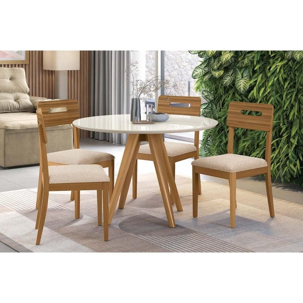 Mesa Cozinha Duna Premium Madeira Maciça c/ Tampo Madeirado c/ Vidro 120x120cm e 4 Cadeiras Lila Carvalho/Off White - Linho Bege Argila-Kappesberg