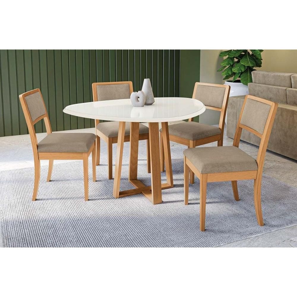 Conjunto Mesa Elma Premium Madeira Maciça c/ Tampo Madeirado c/ Vidro 135x105cm e 4 Cadeiras Alice Carvalho/Off White - Boucle Bege Fendi Kappesberg