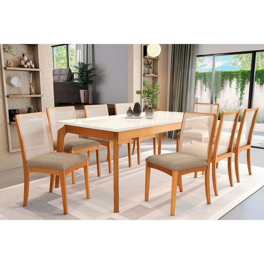 Conjunto Mesa Petra Premium Madeira Maciça c/ Tampo Madeirado c/ Vidro 200x100cm e 8 Cadeiras Lara Carvalho/Off White - Boucle Bege Fendi Kappesberg