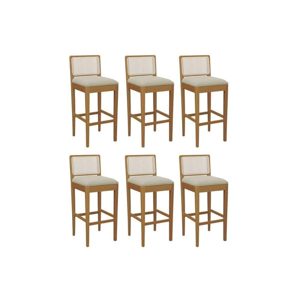 Banqueta Cozinha Sara 1BMM005CA Premium Madeira Maciça Kit 6 Un Carvalho/Boucle Bege/Tela Bege - Kappesberg