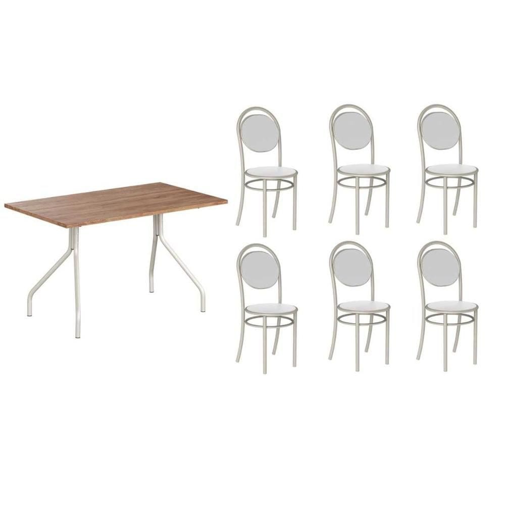 Conjunto: Mesa de Cozinha 1556 Aço 136cm + 6 Cadeiras 190 Prata/Freijo - Prata/Corano Branco - Carraro