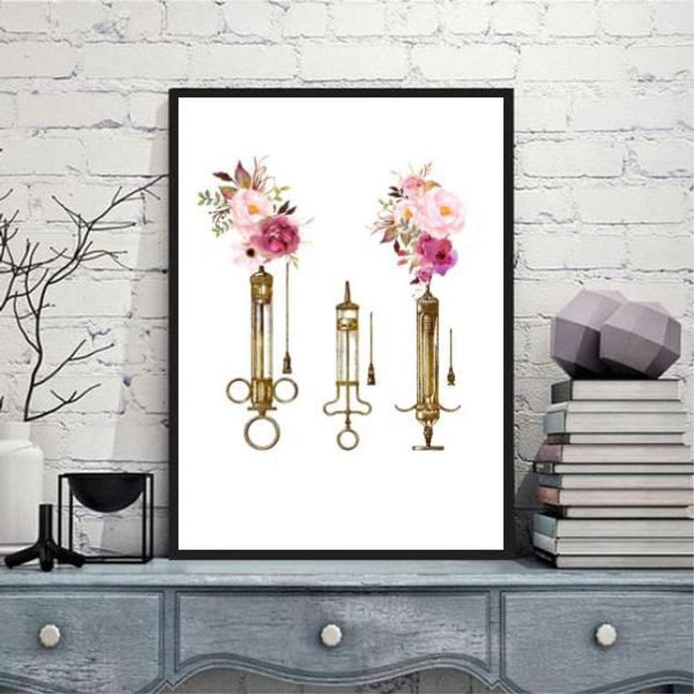 Quadro Decorativo Injeções Com Flores 24X18Cm Moldura Preta